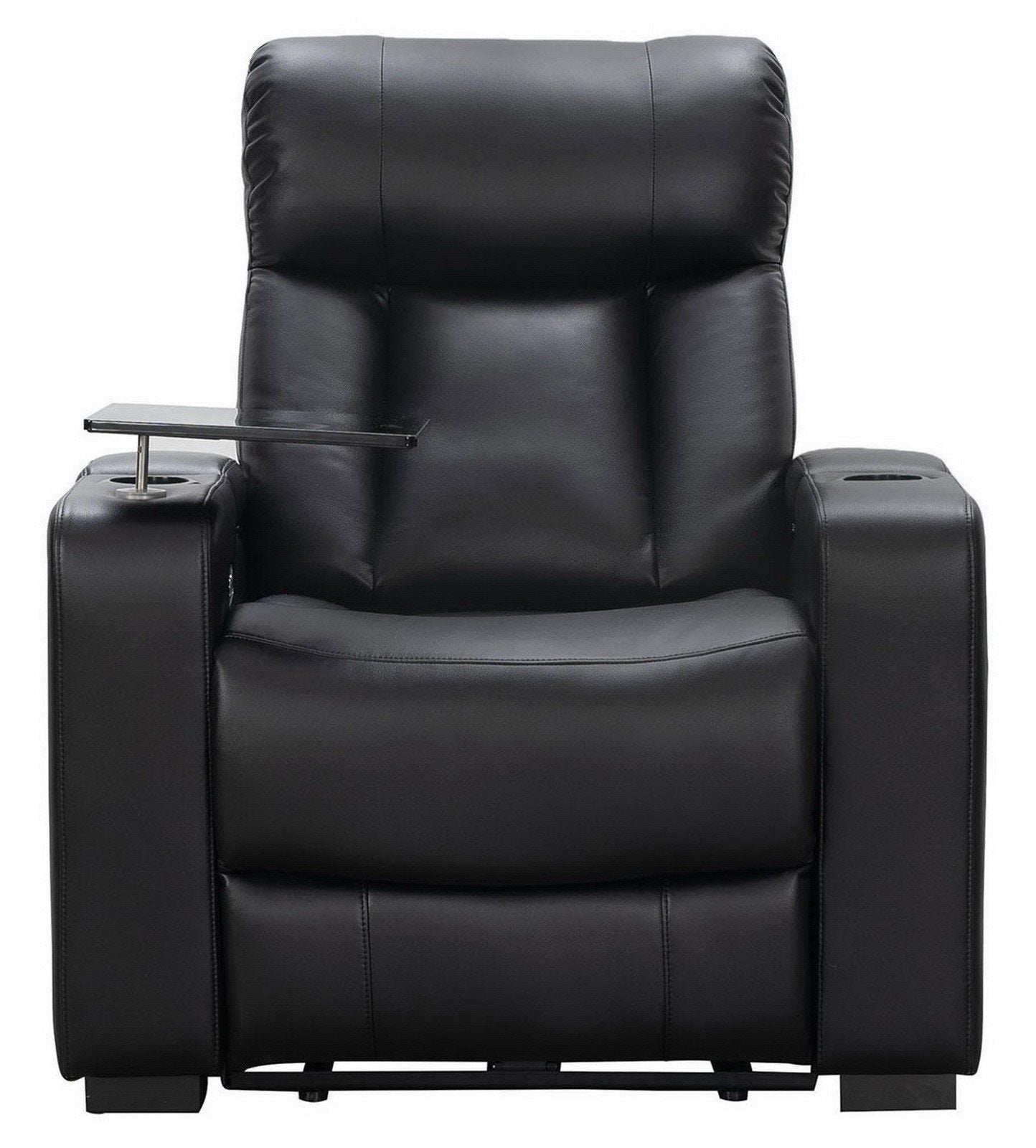 Reclining Home Theater Chair Black Bonded Leather Recliner Cup Holder Tray Table